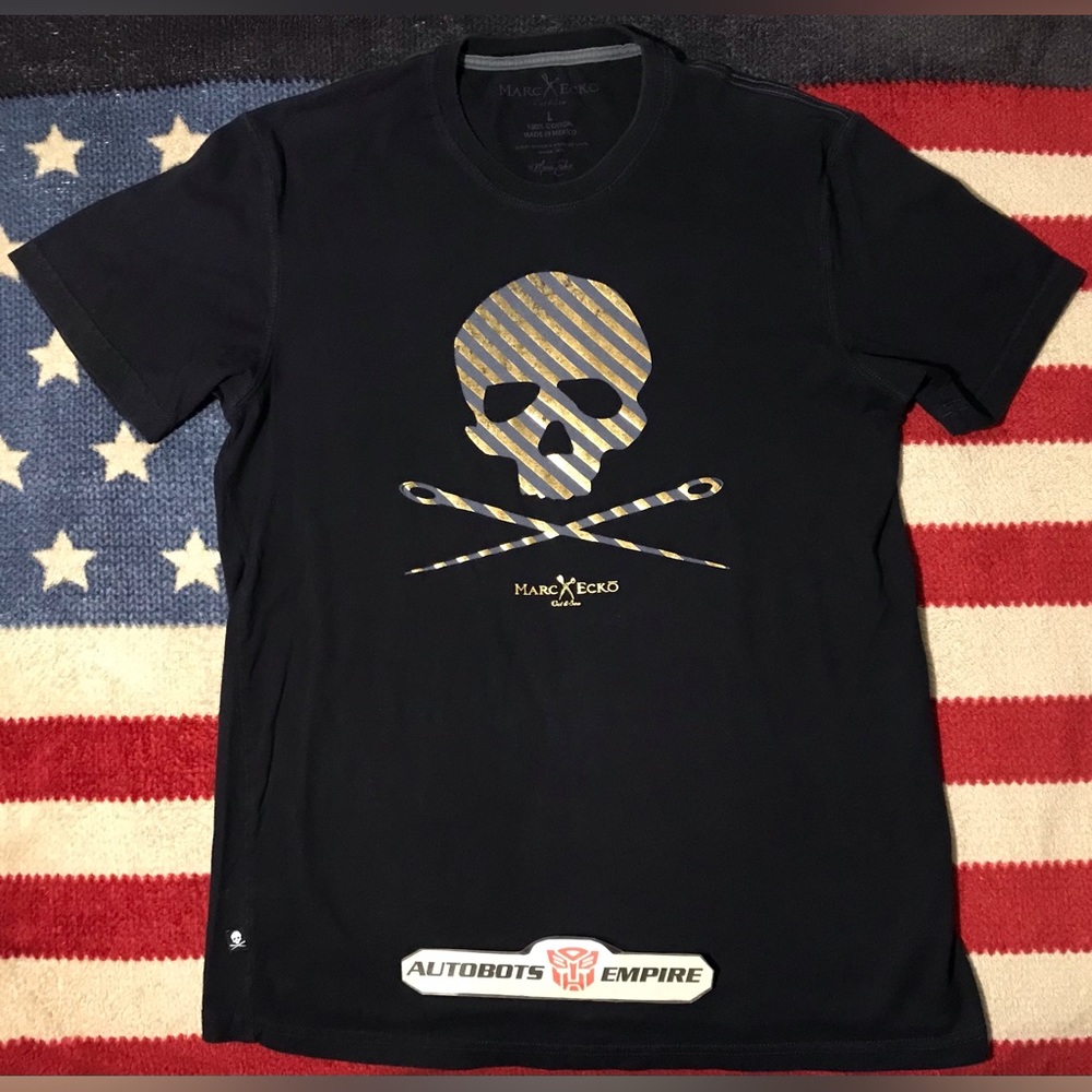 Vintage Marc Ecko Cut & Sew Skull Navy Blue Gold Shirt L P Wing Rlx 90s Hiphop 1